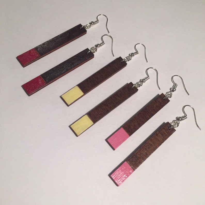 RECTANGULAR WOODEN EARRINGS, hand painted, pink coloured tips with natural wood top section, thin shape, varnish finish, ethically produced image 4