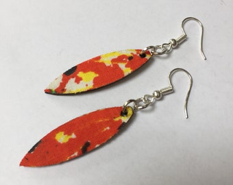 RED FABRIC EARRINGS, African Ankara fabric earrings, thin leather earrings, handmade earrings, leaf shaped earrings, laser cut earrings