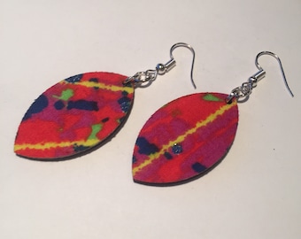 SPARKLY AFRICAN EARRINGS, Ankara fabric earrings, bright statement earrings, handmade earrings, maroon leather earrings, laser cut earrings