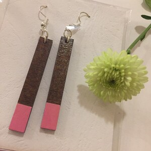 RECTANGULAR WOODEN EARRINGS, hand painted, pink coloured tips with natural wood top section, thin shape, varnish finish, ethically produced image 6