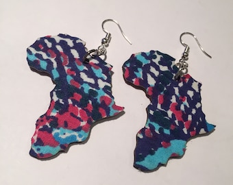 HANDMADE AFRICAN EARRINGS, made of ankara printed fabric and genuine leather, Africa map shape, ethical produced