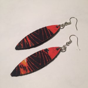 RED BLACK GOLD, African fabric earrings, thin leaf shaped earrings, handmade earrings, leather earrings, laser cut earrings, Ankara earrings