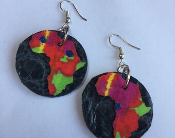 Small navy blue and firework colour AFRICAN LEATHER earrings with ANKARA Fabric, hand crafted earrings, upcycled earrings