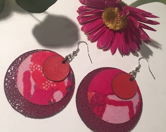 PRETTY PINK EARRINGS, red + sparkly violet African leather layered above & below vibrant pink fabric creating circular layers of loveliness
