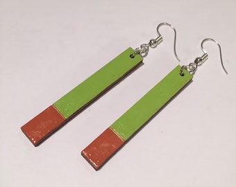 PAINTED WOODEN EARRINGS, rectangular shaped with hand painted in lime green and orange, varnish finish, ethically produced