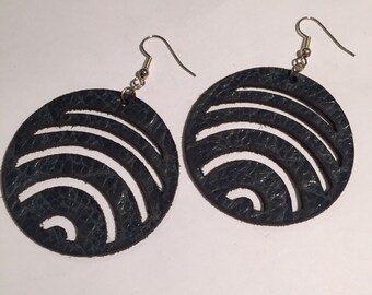 DARK BLUE EARRINGS, textured leather with navy blue shine, laser cut arcs, circular design, lightweight, handcrafted, earrings for her