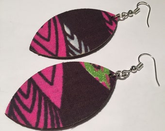 NIGERIAN ANKARA FABRIC earrings in earthy brown, pink and green with pink leather on the reverse side, leaf shaped earrings, African style