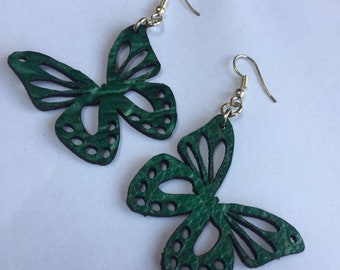 GREEN BUTTERFLY EARRINGS, green leather earrings, laser cut butterfly earrings, genuine leather earrings, handmade earrings, lightweight