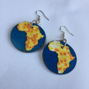 Small blue AFRICAN LEATHER earrings with yellow ANKARA Fabric, hand crafted earrings, upcycled earrings