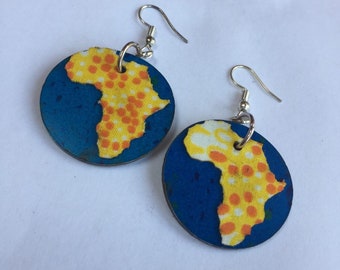 Small blue AFRICAN LEATHER earrings with yellow ANKARA Fabric, hand crafted earrings, upcycled earrings