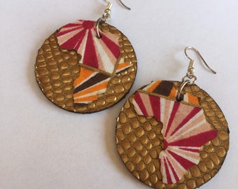 Large STRIPY AFRICA EARRINGS, gold Leather and pink, orange Ankara Fabric earrings, handmade earrings, laser cut earrings, circular shape
