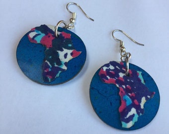 Small Pink and Blue AFRICA LEATHER and ANKARA Fabric Earrings, hand crafted earrings, upcycled earrings