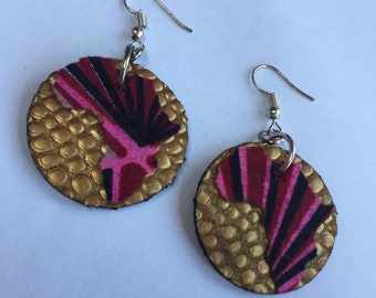 Small gold and pink stripped colour AFRICAN LEATHER earrings with ANKARA Fabric, hand crafted earrings, upcycled earrings