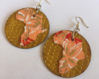 Large ANKARA AFRICA EARRINGS, sandy yellow Leather and peach coloured Ankara Fabric earrings, handmade earrings, circular shaped, upcycled
