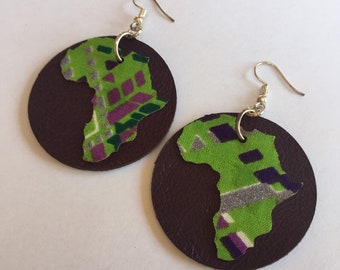 Large ANKARA AFRICA EARRINGS, purple Leather and green Ankara Fabric earrings, handmade earrings, circular shaped, upcycled leather earring