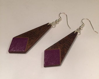 PURPLE PAINTED EARRINGS, stretched diamond shaped wooden earrings with hand painted  purple diamond detail at the bottom, varnish finish