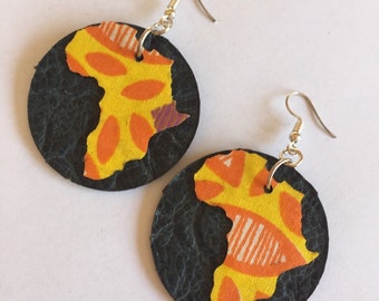 Large SUNSHINE AFRICA EARRINGS, navy blue Leather and yellow Ankara Fabric earrings, handmade earrings, laser cut earrings, circular shaped