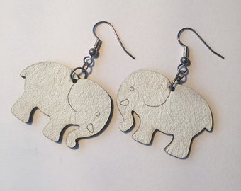 WHITE ELEPHANT EARRINGS, white leather earrings, laser cut elephant earrings, genuine leather earrings, handmade earrings, lightweight