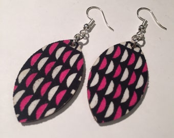 GEOMETRIC PATTERN EARRINGS, pink white and black, leaf shaped earrings, with pink leather backing, sustainable upcycled  leather