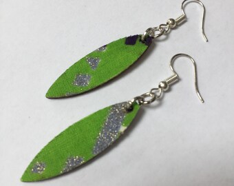 GREEN GLITTERY EARRINGS, African Ankara fabric earrings, thin leather earrings, handmade earrings, green, leaf shaped earrings, laser cut