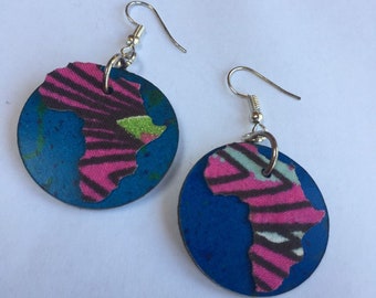 Small speckled blue and pink AFRICAN LEATHER and ANKARA Fabric Earrings, hand crafted earrings, upcycled earrings