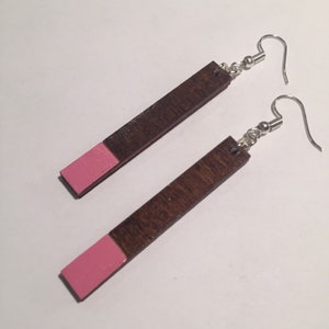 RECTANGULAR WOODEN EARRINGS, hand painted, pink coloured tips with natural wood top section, thin shape, varnish finish, ethically produced image 1