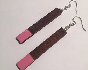 RECTANGULAR WOODEN EARRINGS, hand painted, pink coloured tips with natural wood top section, thin shape, varnish finish, ethically produced