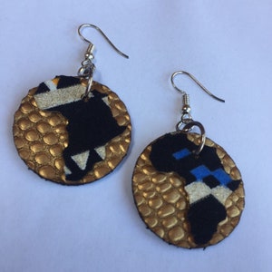 Small black and gold AFRICA LEATHER and ANKARA Fabric Earrings, hand crafted earrings, upcycled earrings
