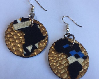 Small black and gold AFRICA LEATHER and ANKARA Fabric Earrings, hand crafted earrings, upcycled earrings