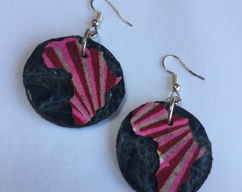 Small navy blue and pink AFRICAN LEATHER and ANKARA Fabric Earrings, hand crafted earrings, upcycled earrings