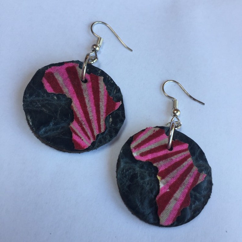 Small navy blue and pink AFRICAN LEATHER and ANKARA Fabric Earrings, hand crafted earrings, upcycled earrings image 1