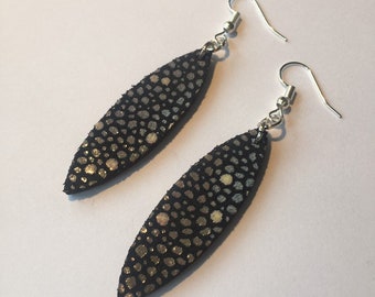 LONG THIN EARRINGS, leather earrings, thin leaf earrings, handmade earrings, stingray print earrings, laser cut earrings