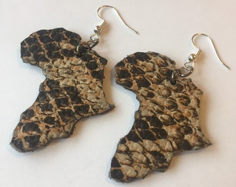 SNAKE-SKIN print LEATHER earrings, handmade with genuine upcycled leather in an Africa shape using ethical production methods