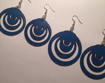 Speckled BLUE LEATHER EARRINGS, circular shape, laser cut, lightweight design, statement earrings, handmade, two sizes available