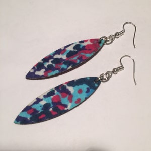 BLUE PINK EARRINGS, African fabric earrings, thin leaf shaped earrings, handmade earrings, leather earrings, laser cut earrings, Ankara