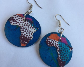 Small blue and earth tone AFRICAN LEATHER and ANKARA Fabric Earrings, hand crafted earrings, upcycled earrings