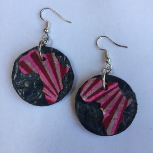 Small navy blue and pink AFRICAN LEATHER and ANKARA Fabric Earrings, hand crafted earrings, upcycled earrings image 2