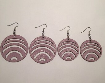 LILAC LEATHER EARRINGS, circular shape, laser cut, lightweight design, statement earrings, hand crafted, two sizes available