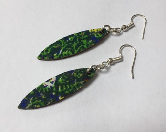 GREEN PATTERNED EARRINGS, African Ankara fabric earrings, thin leather earrings, handmade earrings, green, leaf shaped earrings, laser cut