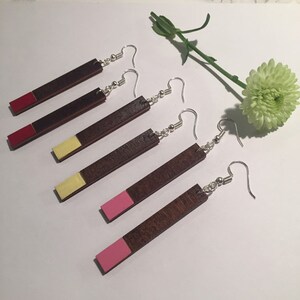RECTANGULAR WOODEN EARRINGS, hand painted, pink coloured tips with natural wood top section, thin shape, varnish finish, ethically produced image 5