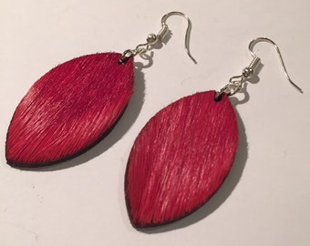 VIOLET FUR EARRINGS, handmade earrings, red leather earrings, laser cut earrings, African spingbok earrings, leaf shape earrings