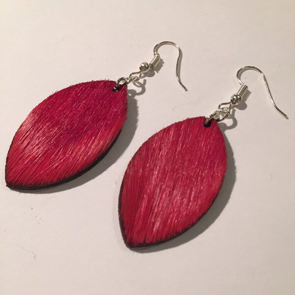 VIOLET FUR EARRINGS, handmade earrings, red leather earrings, laser cut earrings, African spingbok earrings, leaf shape earrings