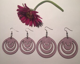LILAC LEATHER EARRINGS, circular shape, laser cut, lightweight design, statement earrings, handmade, two sizes available