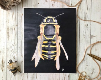 Watercolor Bee Art Print: Black and Yellow Pollinator Illustration
