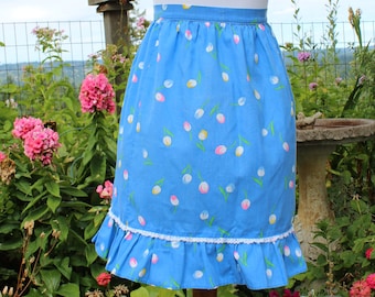 Blue and Pink floral hand made Half Apron with Lace, Vintage Flower Retro Spring Floral Apron, Women's Hand Made Half Apron, Vintage Easter