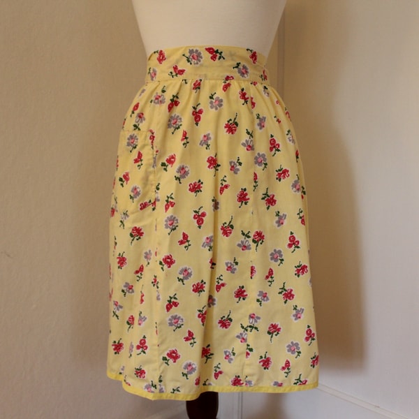 Cute Yellow Vintage Half Apron with Floral Pattern, Retro Yellow Kitchen Apron with Pink and Purple Flowers and Pocket, Hand made Apron
