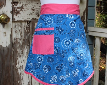 Fun Retro Half Apron, Pink and Blue Paisley with Pocket, Women's Vintage Apron, 50s or 60s apron with pocket