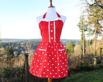 Red and White Ruffle Apron, Women's Red Full Apron with with Polka Dots and Buttons and Ruffle Pockets, Disney Minnie Mouse Apron