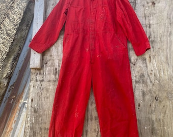 Vintage Coveralls Mechanic, Red, Size 2XL, Distressed Repair, 1950s Shop Clothes, Work Wear