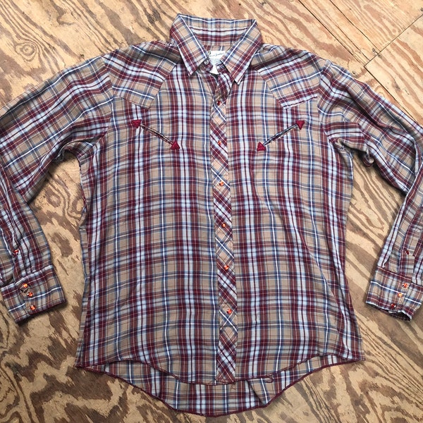 Vintage Western Shirt, Brown Red Plaid, Pearl Snaps, Size XL Tall